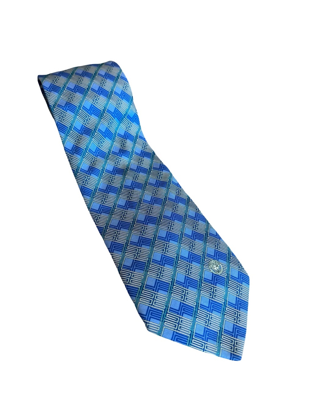 Versace 100% Silk Blue Geometric Print Neck Tie Luxury Designer Work Office